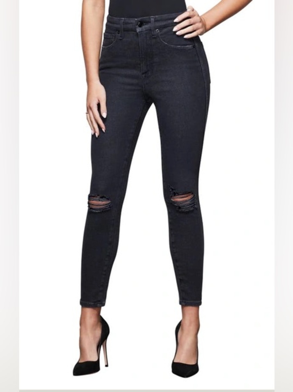 Good American Good Curve Black Skinny crop distressed knee jeans